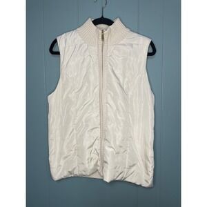 Michael Kors Women Cream Mixed Media Quilted Puffer Knit Back Vest Large Zip Up